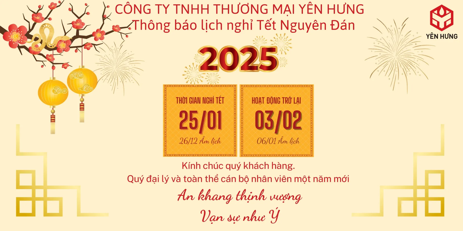 Thumbnail Lịch Nghỉ Tết Ất Tỵ 2025 | Yên Hưng Trân Trọng Thông Báo